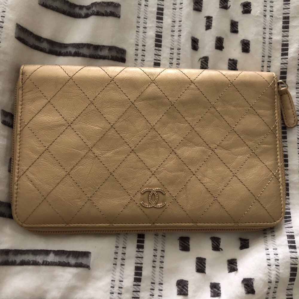 Chanel Authentic Gold Quilted Zip Around Wallet